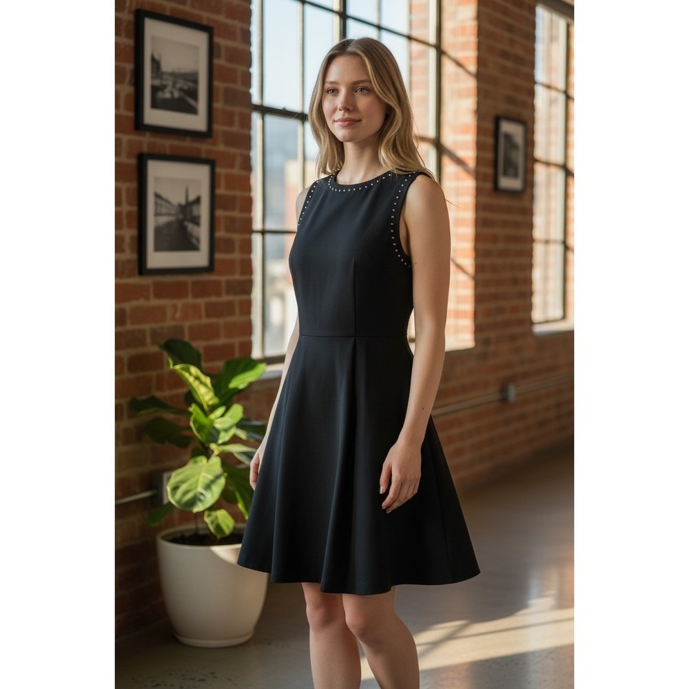 Magaschoni Black Micro Modal Studded Fit and Flare Sleeveless Dress NWT Size S
